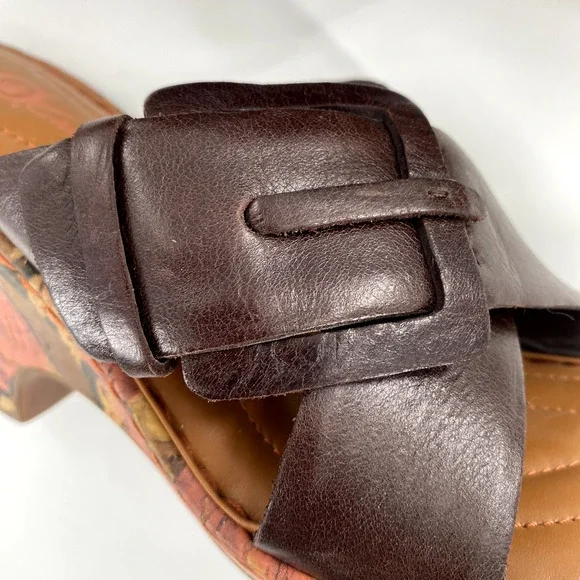 Born Crown Cross Strap Floral Cork Heel Sandals Sz 38/7.5 Brown Leather Buckle - Picture 6 of 10